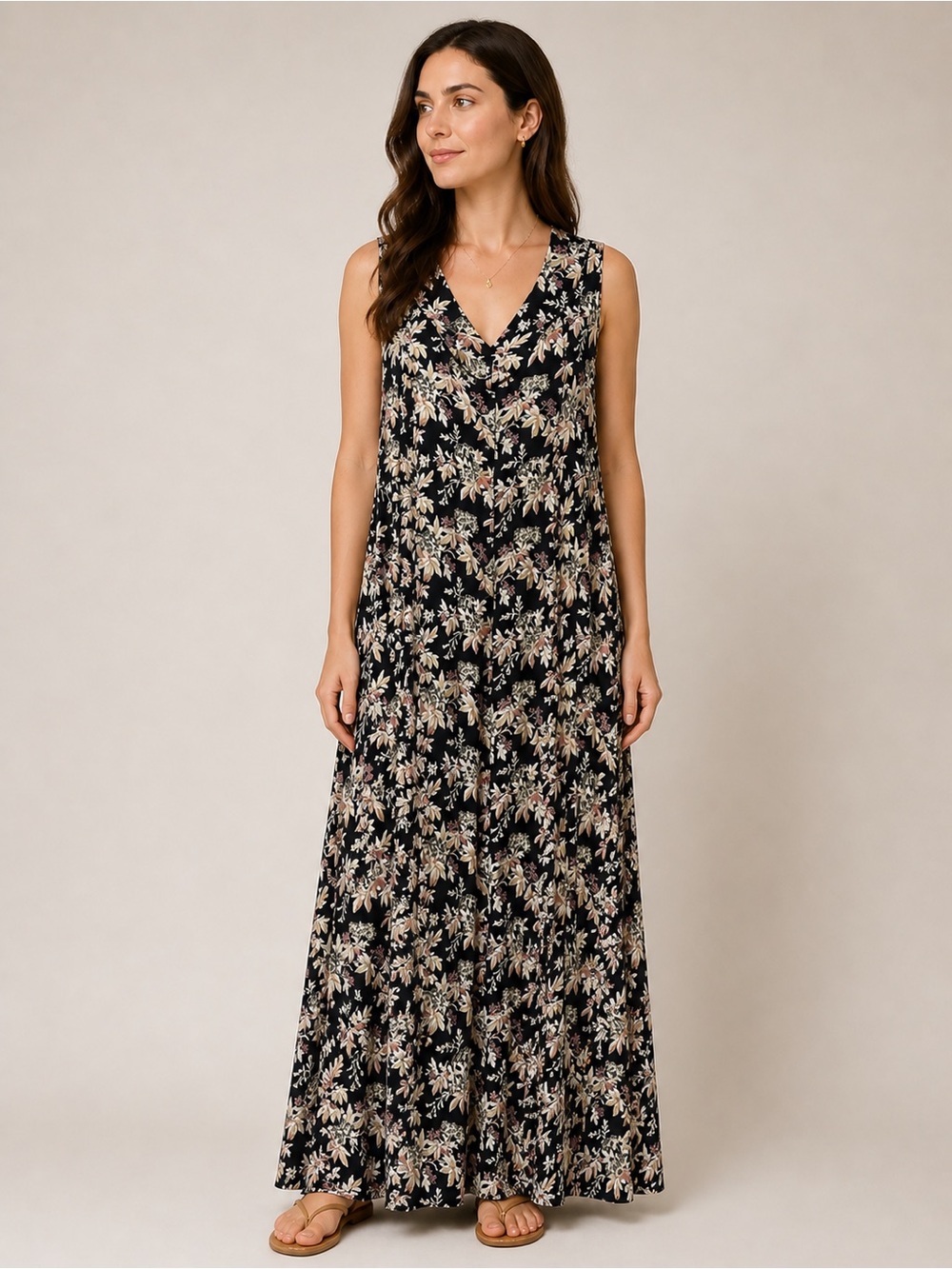 Vintage April Cornell Floral V-Neck Sleeveless Maxi Dress Black/Pink Medium